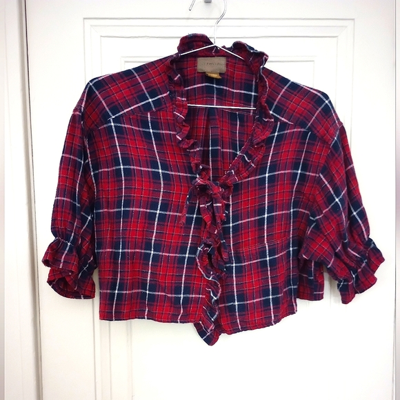 Urban Outfitters Recycled Ruffle Flannel Tie Front Blouse - Picture 2 of 3